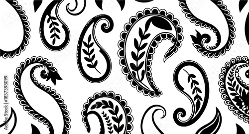 Black and white paisley designs featuring floral elements and teardrop shapes on a white background.	
