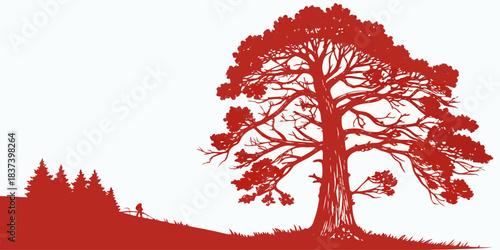 Sequoia Tree – Minimal Giant Silhouette in Bold Red, Modern National Park Vector, Clean California Forest Illustration