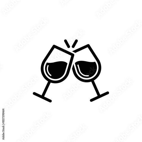 Two wine glasses clinking in celebration against a white background  