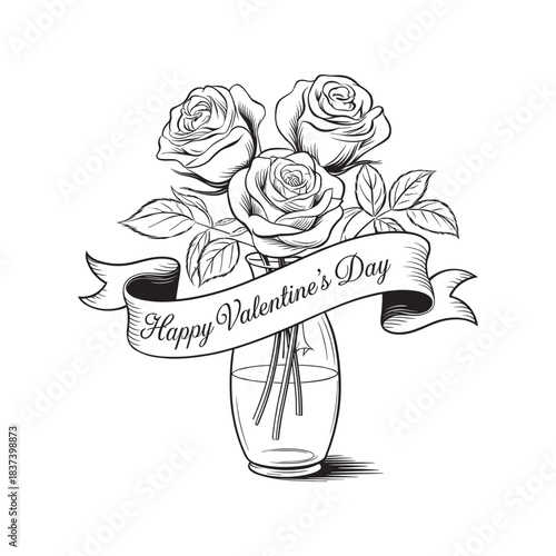 Vintage Rose Bouquet Valentine's Day Illustration – Floral Line Art Design in Vase
