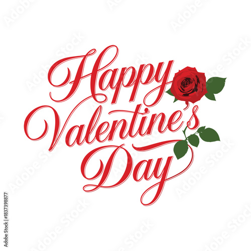 Happy Valentine’s Day Typography with Red Rose Illustration