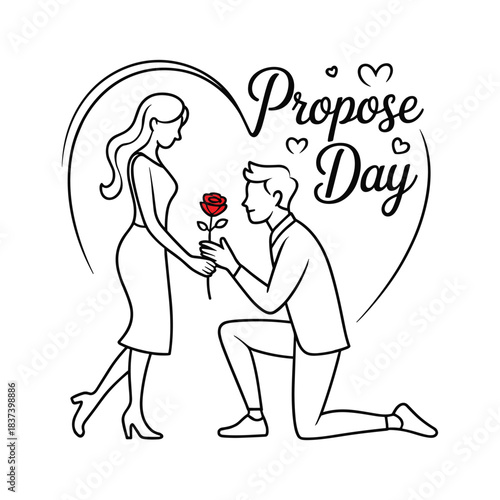 Propose Day Line Art Illustration of Man Proposing with Rose