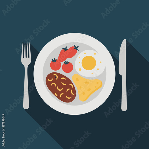 Plate with fried egg tomatoes sausage and bread with fork and knife.