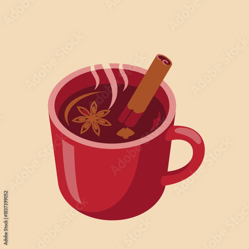Red mug with mulled wine cinnamon stick and star anise.