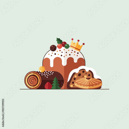 Christmas cakes and desserts including a log cake a panettone and a pie.