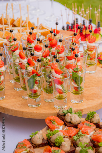 Guests savor colorful appetizers at a lively event on a sunny afternoon