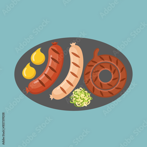 Three sausages with mustard and shredded cabbage on a plate.