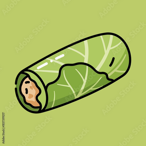 Cartoon illustration of a roll with filling wrapped in a leafy green vegetable.