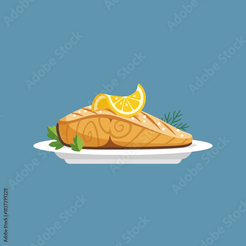 Salmon fillet with lemon slice and herbs on a plate.