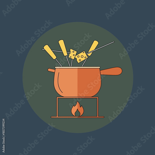 Cheese fondue with forks and fire under the pot illustration.