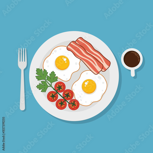 Plate with eggs bacon tomatoes fork and cup of coffee food illustration.