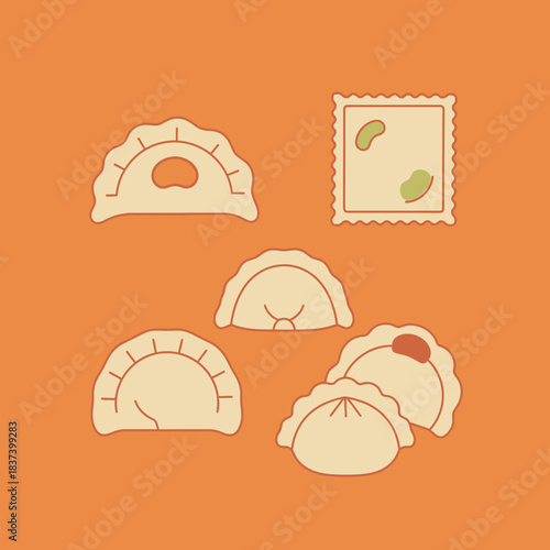 Dumplings and ravioli are arranged in a simple flat vector illustration.