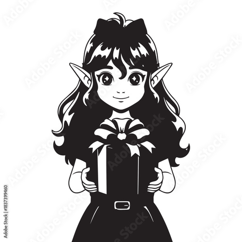 Charming black and white illustration of an elf girl holding a gift for celebration.