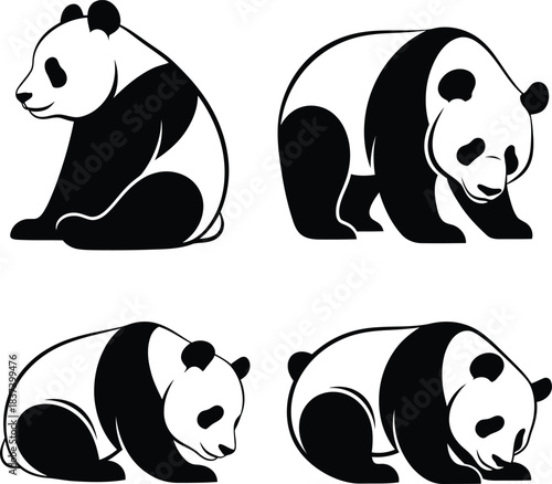 Black and white silhouette of giant pandas in various poses eating bamboo and walking.