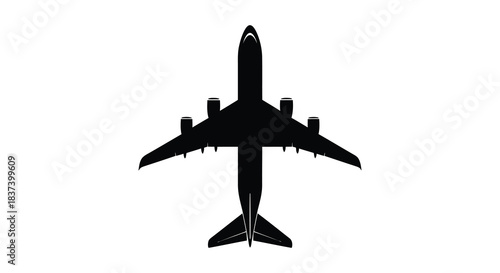 A top view of a large passenger airplane in black silhouette