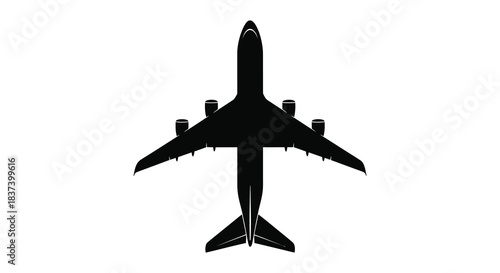 A top down view of a passenger airplane in black silhouette