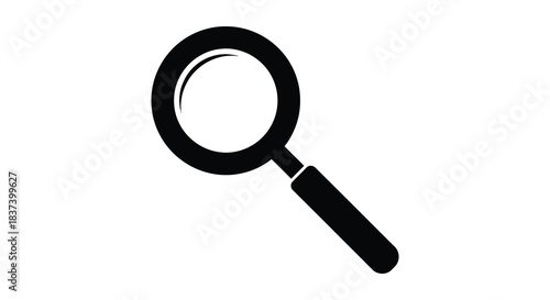 A simple black magnifying glass icon against a white background silhouette