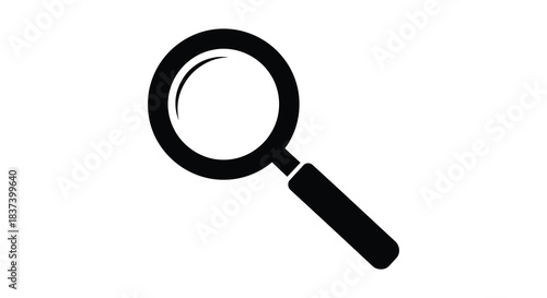 A black magnifying glass icon against a white background silhouette