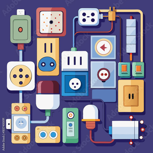 Connected Electrical Outlets, Switches, and Plugs Vector Illustration
