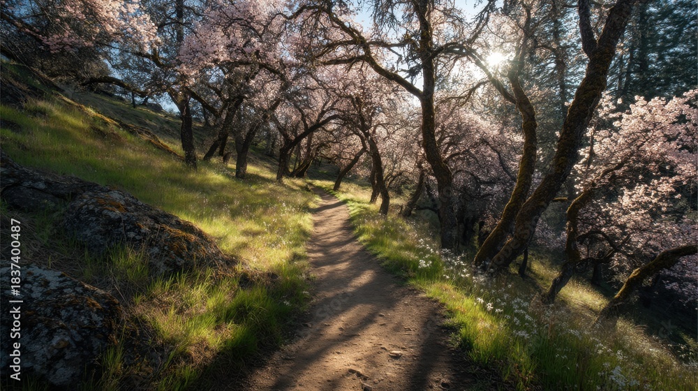 Obraz premium A trail winds through a grove of trees with pink flowers in full bloom. Sunlight filters through the branches casting shadows on the ground. A sense of nature thrives in the air.