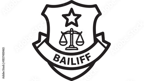 A black and white illustration of a bailiff's crest featuring a scale and star symbol