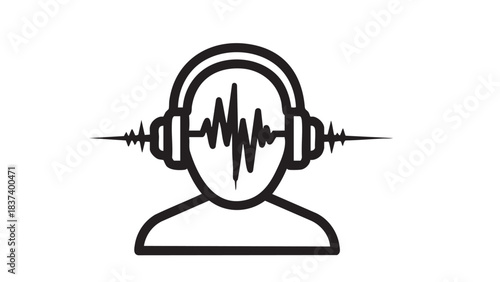 A person wearing headphones with sound waves emanating from them in a simple illustration style