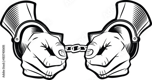 Black and white illustration of hands in handcuffs