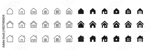 Home icon set. Multiple house variations with outline and solid styles for real estate apps, maps and property tools vector. Clean residence shapes for UI, navigation and housing services sign.