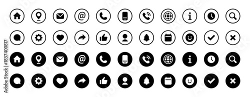 Vector UI icons collection. Outline and solid vector illustration set with home, location pin, mail, phone, globe, user, clock and other interface elements. Universal web and app design signs.