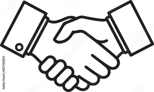 Line art illustration of two hands shaking in agreement handshake deal on transparent background