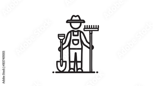 Farmer standing with gardening tools in a simple illustration