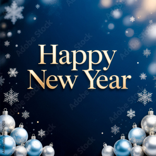 Elegant Happy New Year gold typography on a dark blue background with silver and blue baubles.