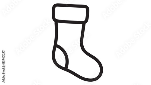 A Christmas stocking hanging on a white background, illustrated in a simple black line drawing style