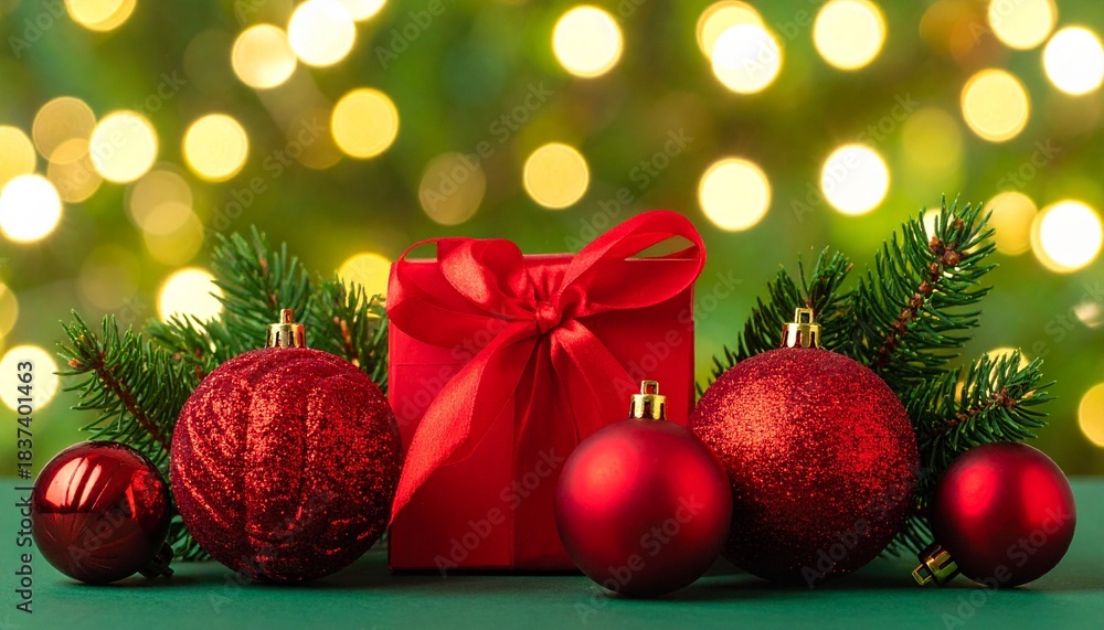 Obraz premium Adornos navideños rojos, una pequeña caja de regalo envuelta y ramas de abeto iluminadas cálidamente en primer plano. El fondo desenfocado con luces bokeh verdes crea una atmósfera navideña acogedora