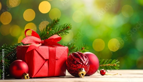 Adornos navideños rojos, una pequeña caja de regalo envuelta y ramas de abeto iluminadas cálidamente en primer plano. El fondo desenfocado con luces bokeh verdes crea una atmósfera navideña acogedora