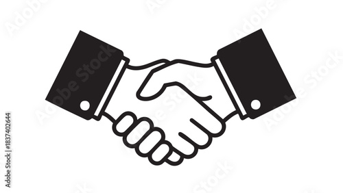 A professional black vector illustration of a successful business handshake between two people symbolizing a deal, teamwork, and partnership agreement during a meeting