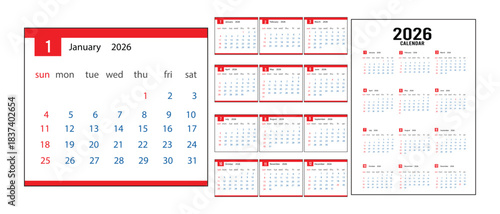 2026 calendar template clipart set. 12 months calendar in minimal lay out clip art collection with days and weekly schedule monthly pages calendar vector illustration design