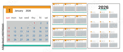 2026 calendar template clipart set. 12 months calendar in minimal lay out clip art collection with days and weekly schedule monthly pages calendar vector illustration design