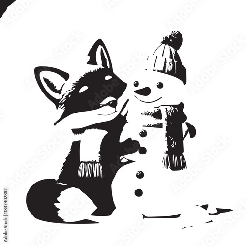 Playful husky and friendly snowman share a cozy winter moment in a cheerful monochrome illustration.