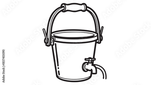 A vintage metal bucket with a spigot and handle, depicted in a simple line drawing style.