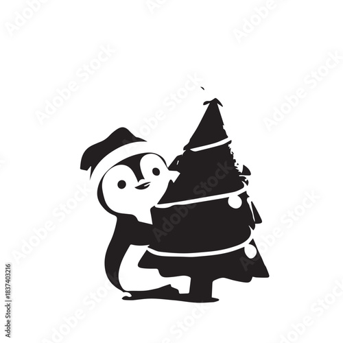 Playful Panda Silhouette Decorating a Christmas Tree in Winter.