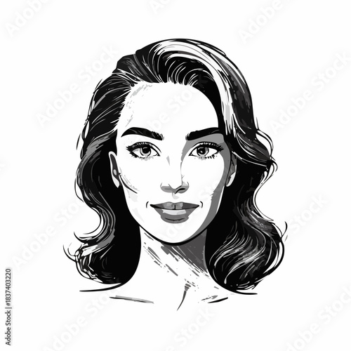 Digital Illustration of a Woman's Face with Long Wavy Hair, Almond Eyes, Neutral Expression and Detailed Features in Black and White