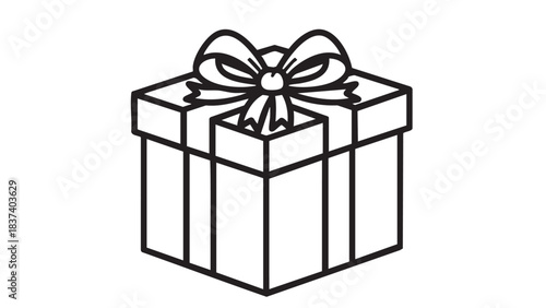 A simple black and white line drawing of a gift box with a bow on a plain white background