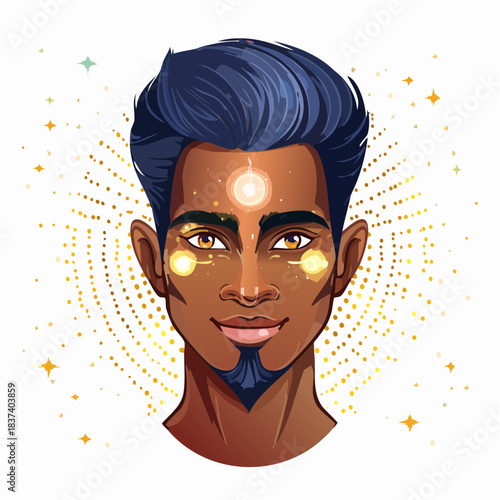 Stylized digital illustration of a man with electric blue hair, glowing energy orbs, and cosmic yellow graphics in a dynamic supernatural composition.
