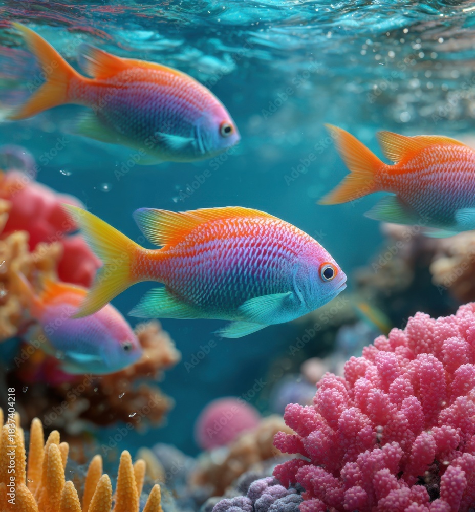 Fototapeta premium colorful fish swimming in the sea, a coral reef, and a blue background