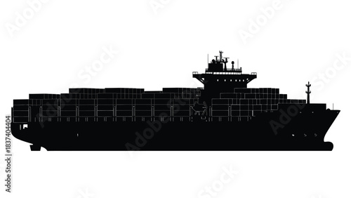 Silhouette of a large container ship against a plain white background