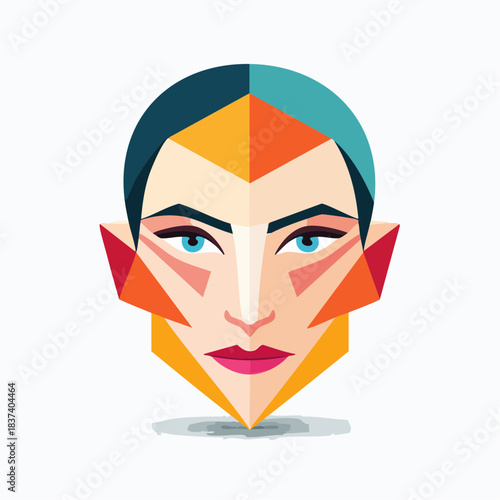 Geometric illustration of a woman's face viewed from the front with vibrant, multicolored shapes