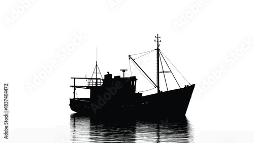 Silhouette of a fishing boat on calm water a stark monochrome scene