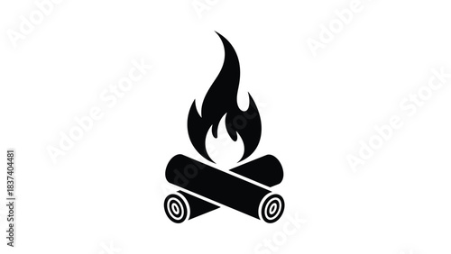 A simple black silhouette illustration of burning logs and flames
