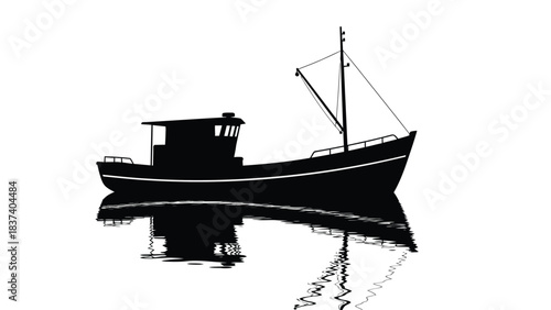 Simple black silhouette of a fishing boat on calm water with reflection